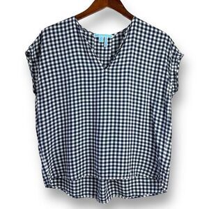 Draper James Size 8 Cap Sleeve Gingham Plaid Blouse Blue Checker Top Cottagecore